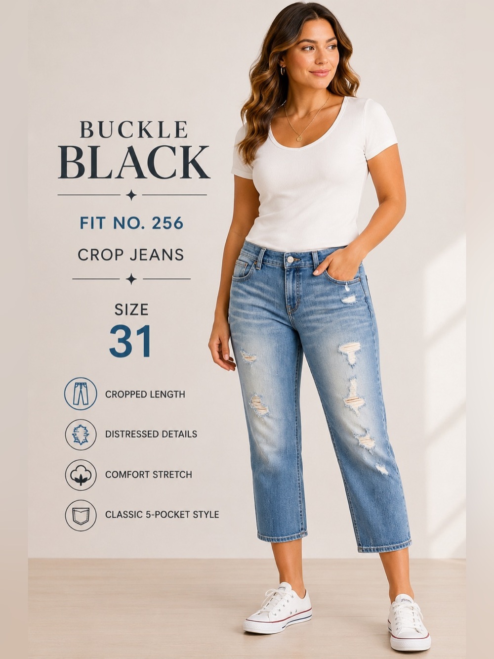 Buckle Black Fit No. 256 Distressed Crop Jeans Size 31 Light Wash Denim